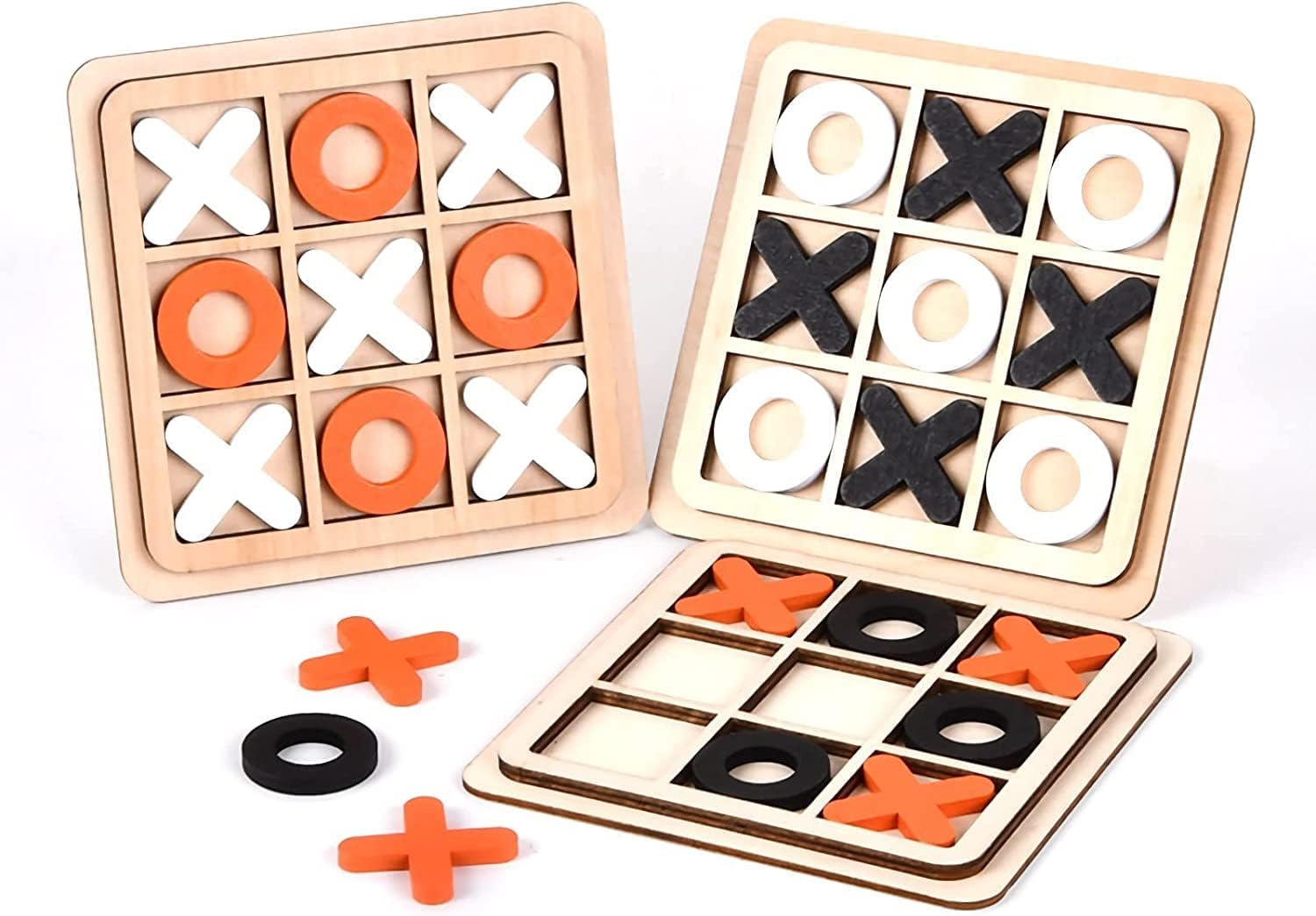 JUNI Wooden Classic Tic Tac Toe Board Game - Indoor Strategy and Educational Puzzle Toy for Kids and Families, Perfect Birthday Gift for Toddlers - Set of 3 - Juni