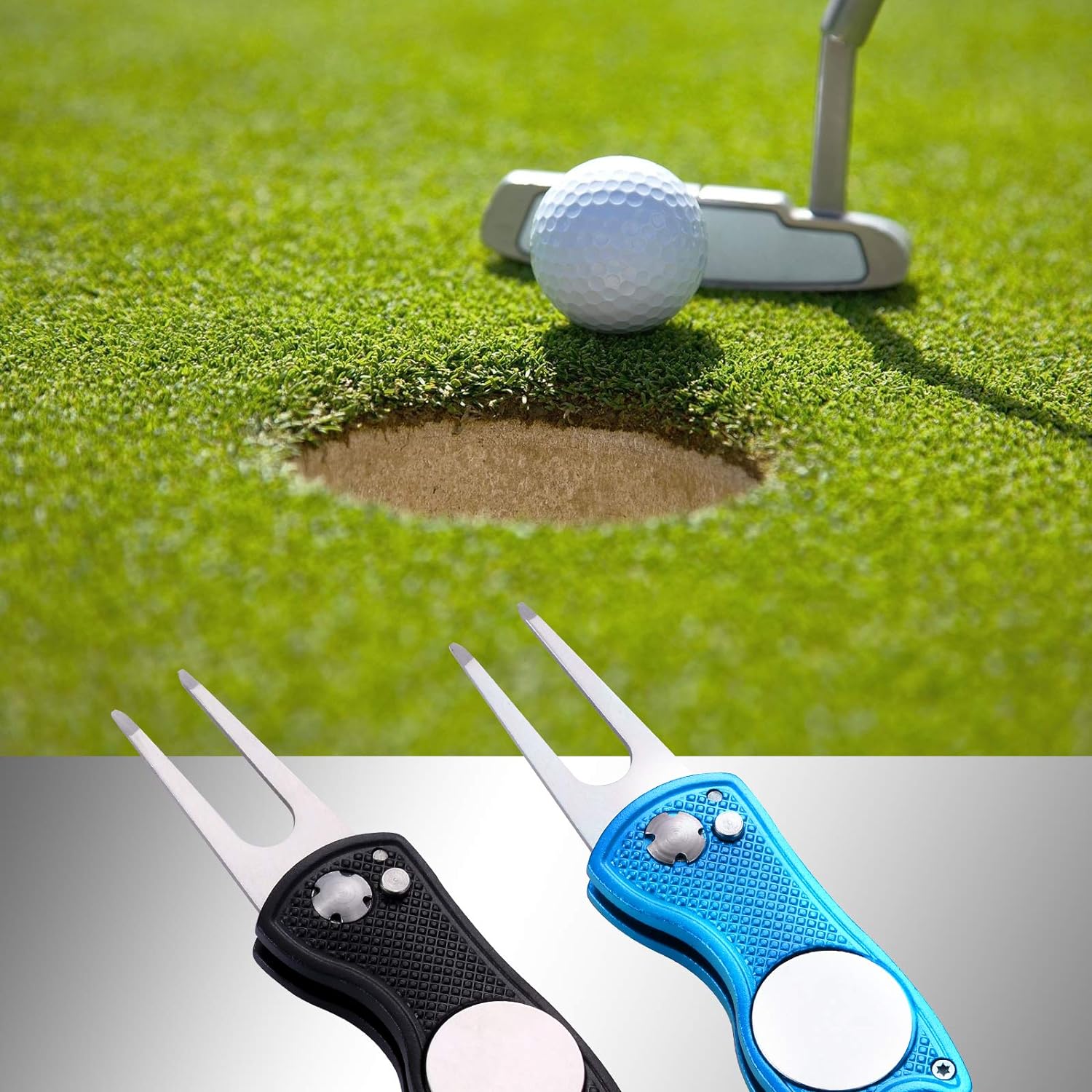 JUNI Metal Foldable Golf Divot Tool Set of 2 - Portable Golf Pitchfork with Pop-Up Button, Magnetic Ball Marker, and Stylish Fish Design - Essential Golf Accessories for Lawn Repair SPN-VJ421C - Juni