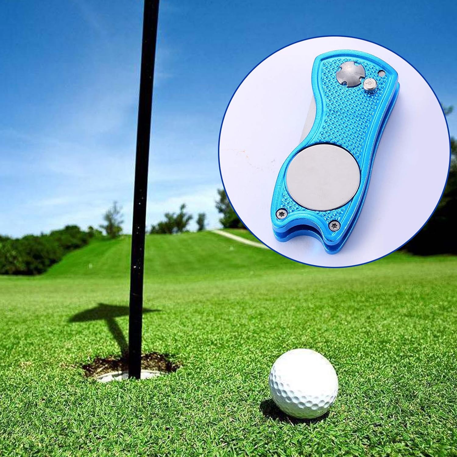 JUNI Metal Foldable Golf Divot Tool Set of 2 - Portable Golf Pitchfork with Pop-Up Button, Magnetic Ball Marker, and Stylish Fish Design - Essential Golf Accessories for Lawn Repair SPN-VJ421C - Juni