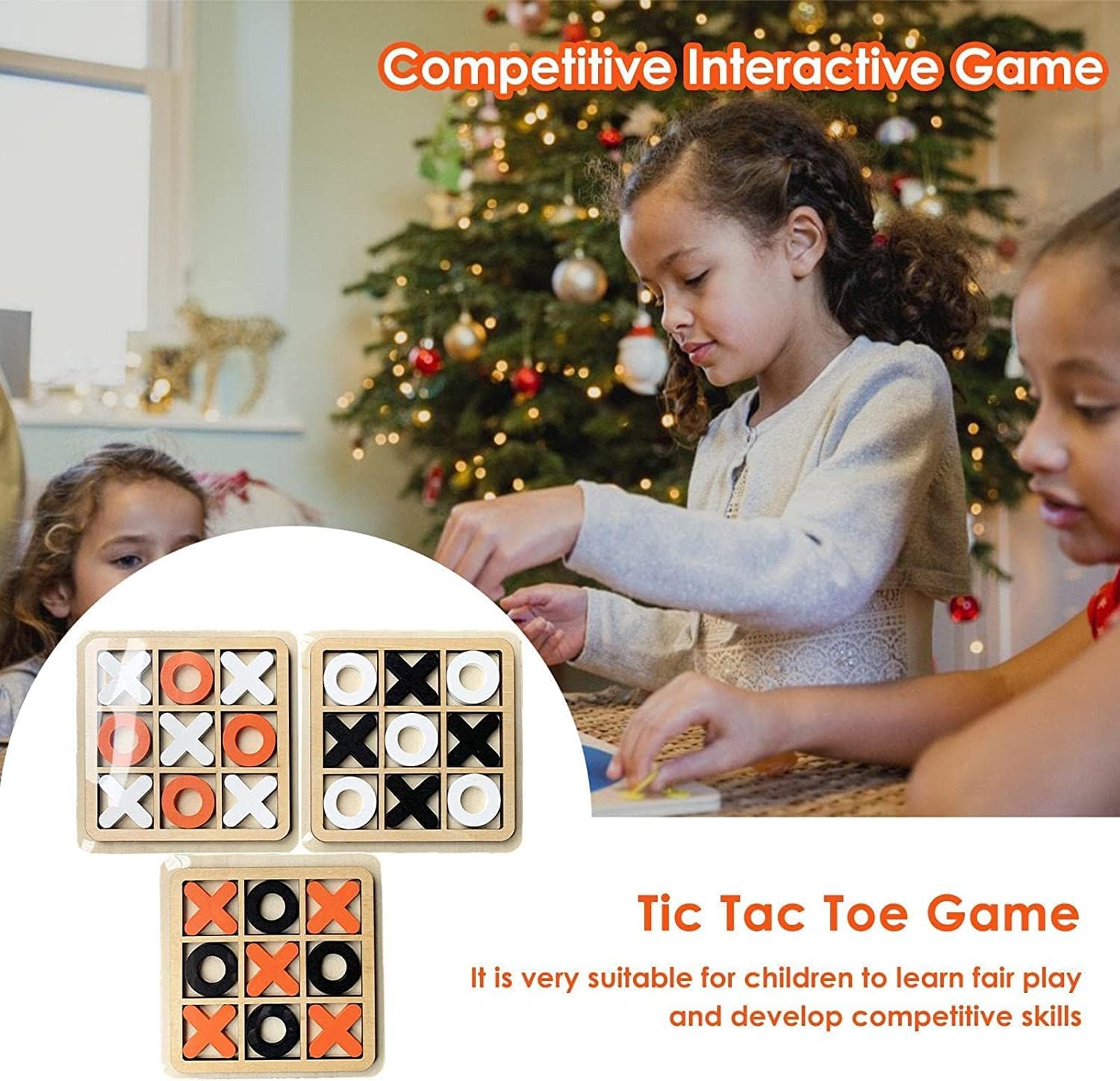 JUNI Wooden Classic Tic Tac Toe Board Game - Indoor Strategy and Educational Puzzle Toy for Kids and Families, Perfect Birthday Gift for Toddlers - Set of 3 - Juni