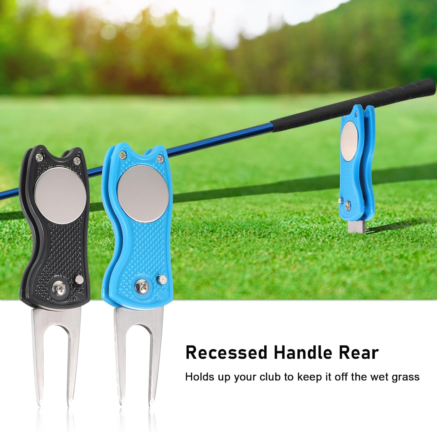 JUNI Metal Foldable Golf Divot Tool Set of 2 - Portable Golf Pitchfork with Pop-Up Button, Magnetic Ball Marker, and Stylish Fish Design - Essential Golf Accessories for Lawn Repair SPN-VJ421C - Juni