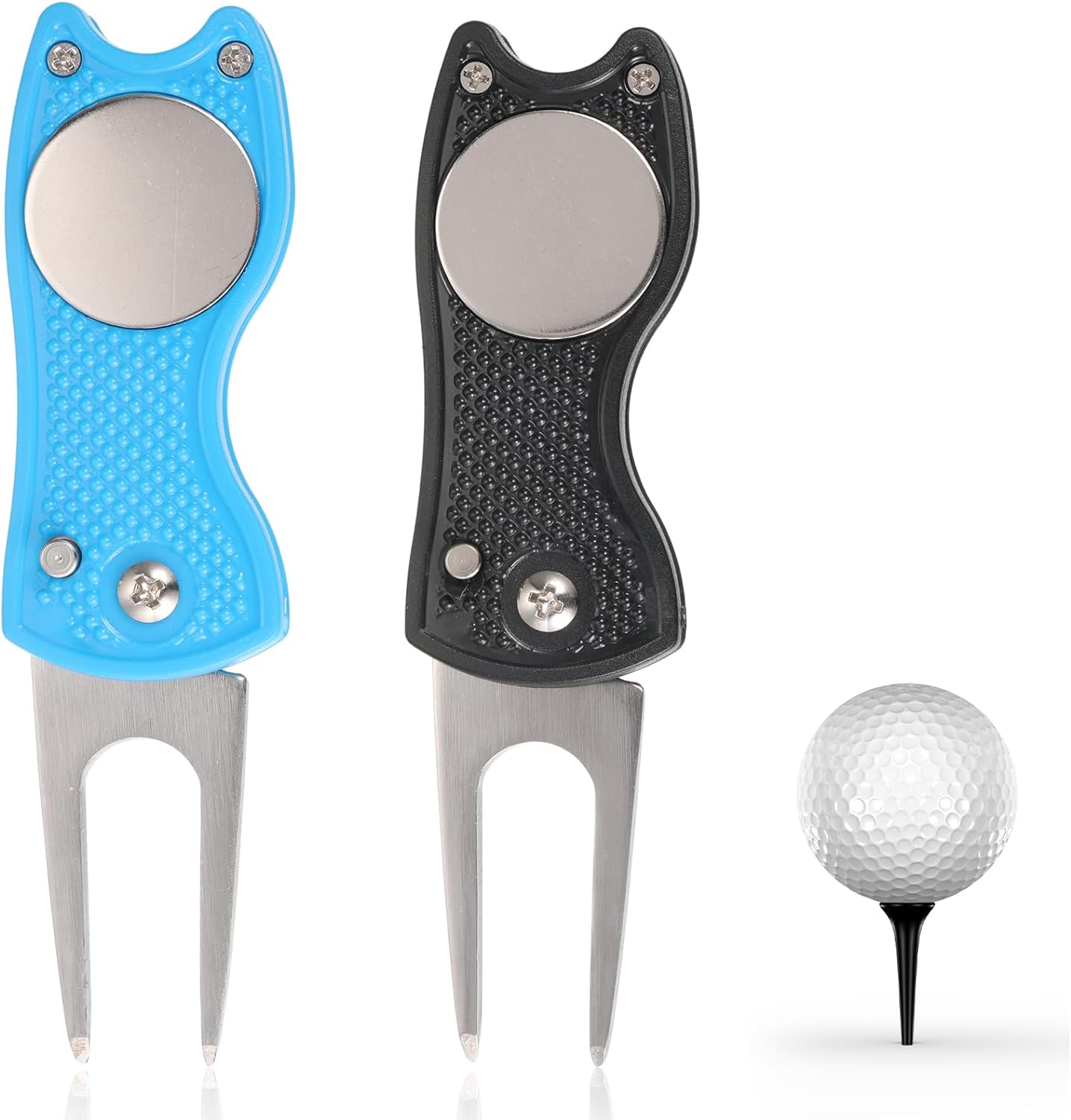 JUNI Metal Foldable Golf Divot Tool Set of 2 - Portable Golf Pitchfork with Pop-Up Button, Magnetic Ball Marker, and Stylish Fish Design - Essential Golf Accessories for Lawn Repair SPN-VJ421C - Juni